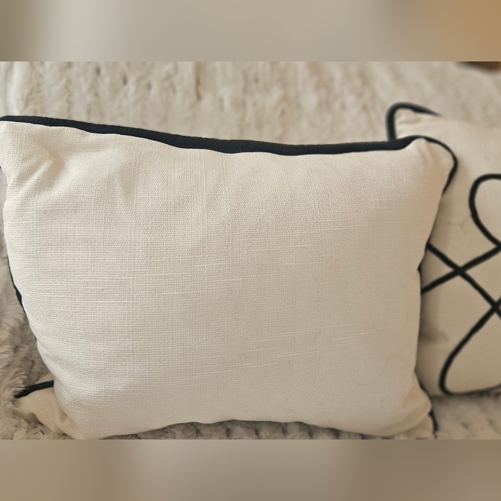 Set Of Two Ivory & Black Luxury Down Filled Pillows Beautiful Set 14 X 8" - Picture 4 of 7
